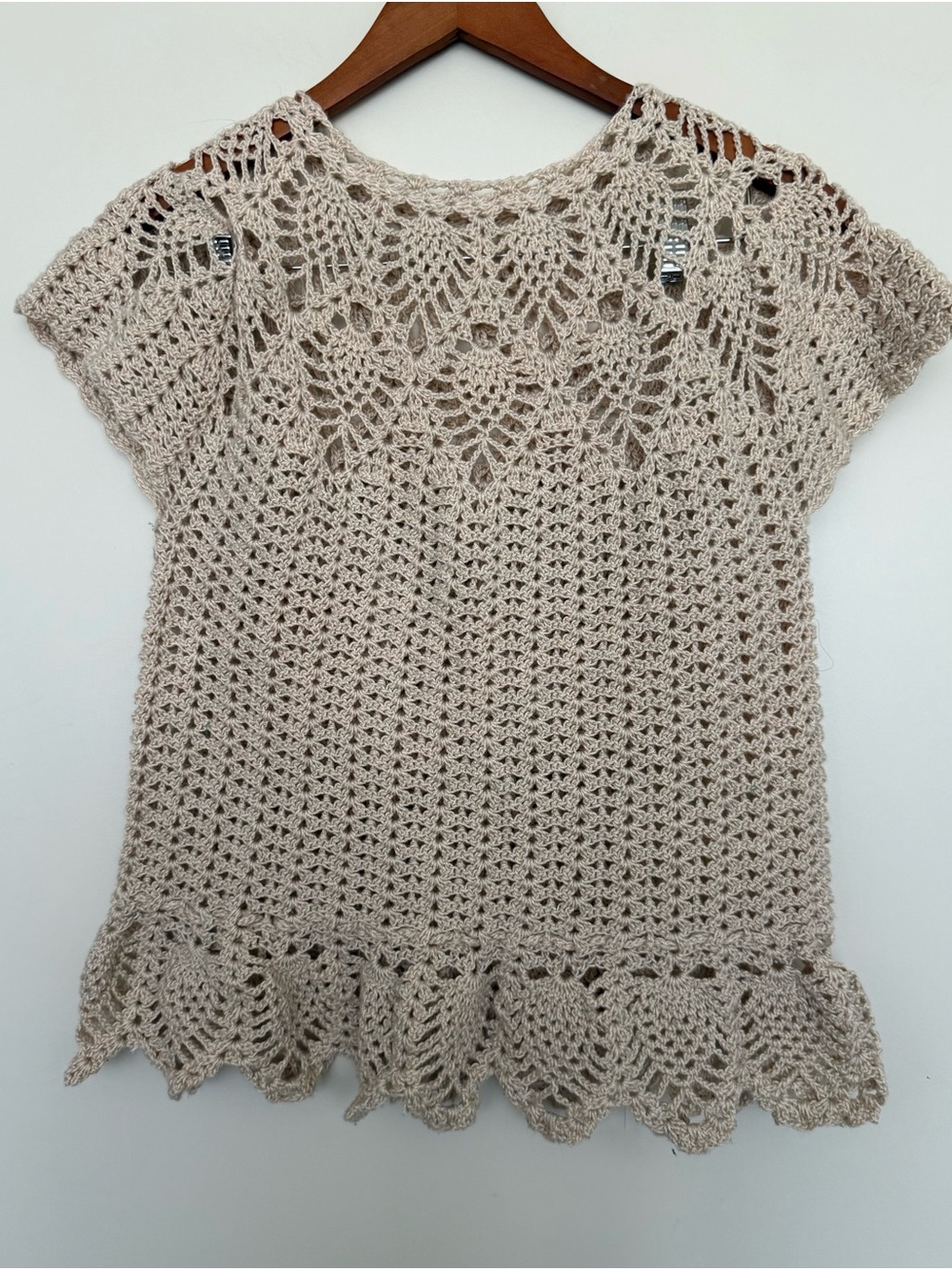 Vintage Handmade Crochet Cozy Macrame Cap Sleeve Peplum Fisherman Knit Top S/M